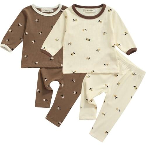 2 Pcs Infant Floral Kids Pajama Set Outfits, Baby Girls Casual Long Sleeve Round Neck T-shirt + Trousers 9M-4Y