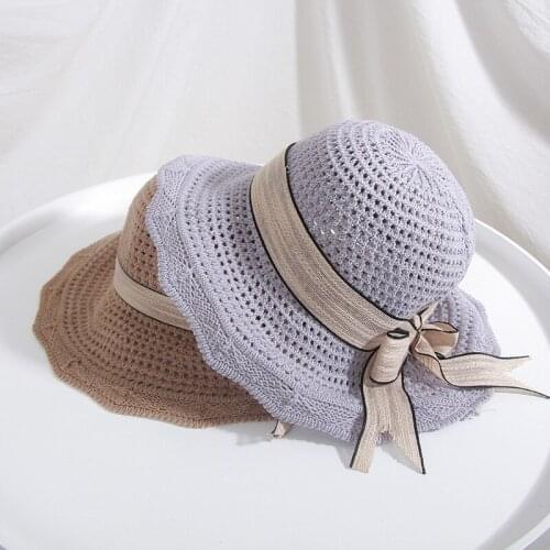 H7644 Korean Knitted Bucket Hat Ladies Sunscreen Folding Dome Summer Hollow Bowknot Fisherman Cap Women Ribbon Elegant Girl Hats