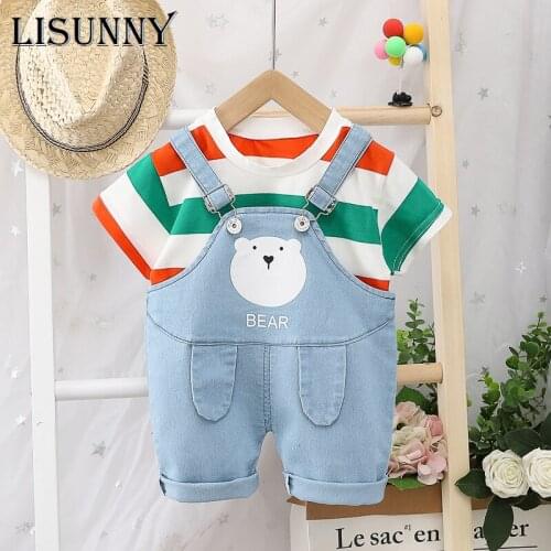 Boy Suits 2021 Summer Infant Clothes Baby Girls Boys Clothing Short Sleeve Stripe T Shirt Bear Bib Shorts Children Clothing