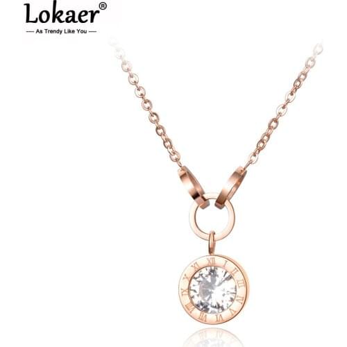 Lokaer Stainless Steel Necklace AAA Zircon Rose Gold Color Pendant Roma Numbers Cross Circles N18076