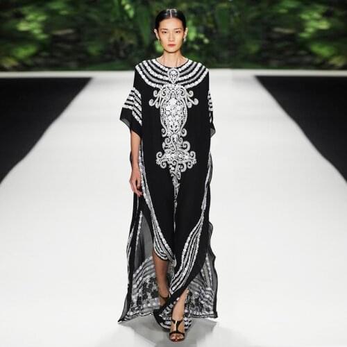 Fashion Muslim Dress Eid 2021 Elegant Women Black Print Moroccan Kaftan Turkey Arabic Islamic Clothing