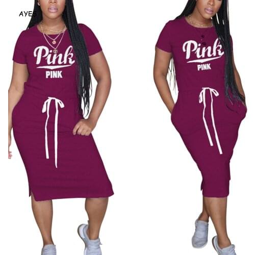 Fashion Pink Printed Dress Women Summer Straight Casual Drawstring Dress Short Sleeve Streetwear Long Dresses Female Plus Szie