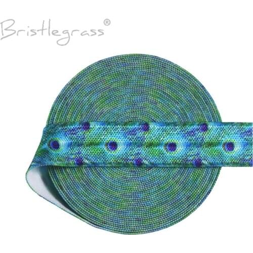 BRISTLEGRASS Wholesale 50 Yard 5/8" 15mm Peacock Feather Print Foldover Elastic FOE Spandex Satin Band Hair Tie Dress DIY Sewing