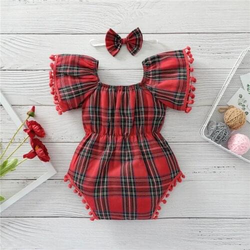 Newborn Baby Casual Romper Fashion Plaid Printed Round Neck Short Sleeve Bodysuit with Tassels+ Headband for Summer, 0-24Months