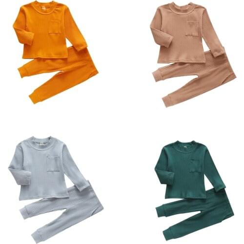 Baby Girls Boys Autumn 2Pcs Casual Suit Clothing Toddler Baby Little Kids Solid Ribbed Long Sleeve Top+Pants Home Wear Set Cloth