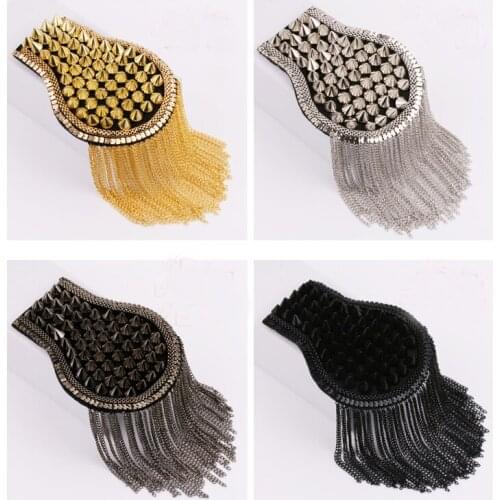 Retail & Wholesale Vintage PUNK cooln 4 colors big gold silver black spike rivet tassel epaulet Badge Free Gift