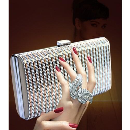Pooflower Silver Dinner Wallet Purse for Women Diamond Bling Clutch Bag Crystal Evening Bag Chains Small Shoulder Bag ZH516