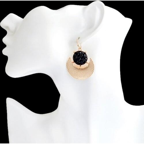 Moon Geometry Crystal Fashion Personality Earrings Black Round Rhinestone Crescent Fashion Glamour Girl Jewelry Gift