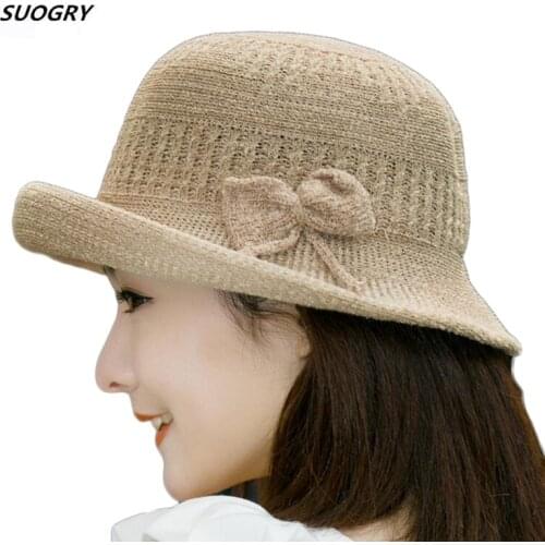 SUOGRY Bow Sun Hats For Girls Solid Color Straw Hat Womens Wide Brim Summer Hat Panama Style Linen Beach Cap Chapeu Feminino