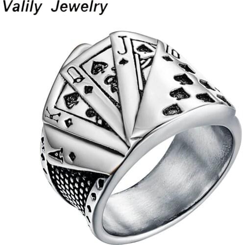 Valily Mens Stainless Steel Silver--color Spades Royal Flush Poker Lucky Ring for Man Women Poker Ring for Game Lovers