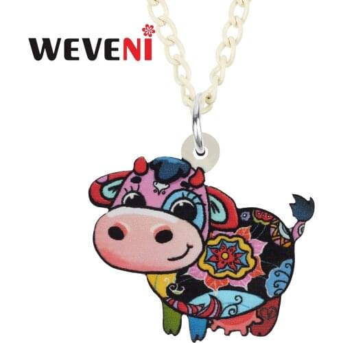 WEVENI Acrylic Cartoon Floral Cute Cattle Cow Necklace Pendant Long Fashion Animals Chain Jewelry For Women Girls Charm Gifts