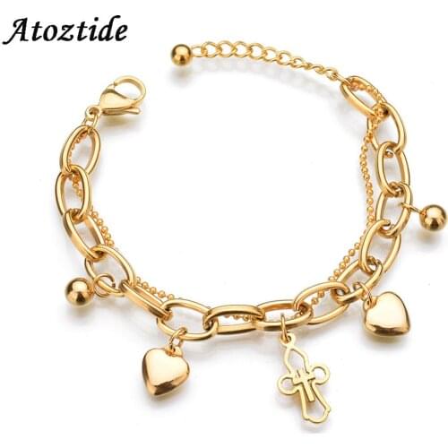 Atoztide Charm Double Layers 2 Heart Cross Bracelets For Women Stainless Steel Adjustable Gold Round Chain Bracelets With Beads