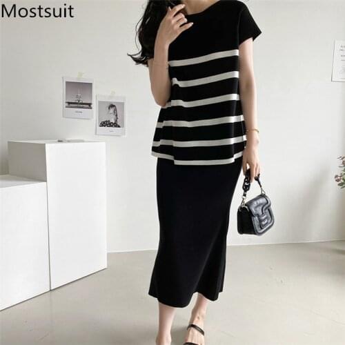 Korean Striped Knitted Two Piece Skirt Set Women Summer Short Sleeve Pullover + Elastic Waist Skirt Casual Ladies Matching Set