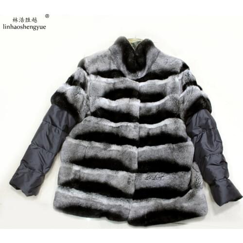 Linhaoshengyue Real Rabbit Fur Women Coat with Eiderdown Sleeve Warm Comfortable