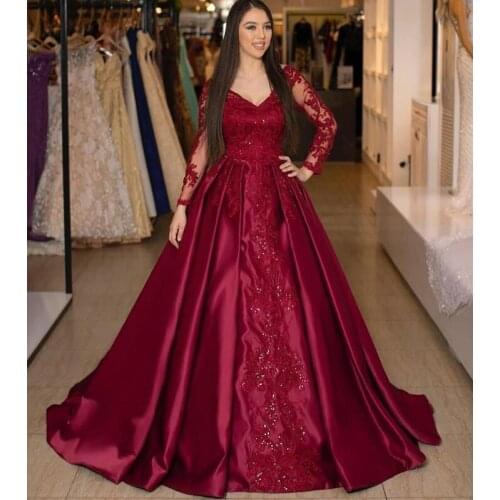 2020 Pattern Long Sleeve Evening Dresses Beaded Lace Appliqued Knife Pleats Elegant Women Dresses for Prom Party
