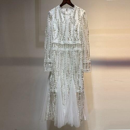 Fashion Designer 2021 Autumn Dress Women Solid Embroidery Flowers Long Sleeve Mesh Patchwork Elegant Party Dresses