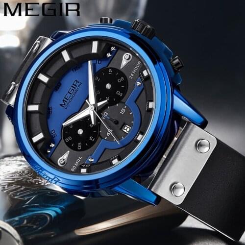 MEGIR Men Watch Top Brand Luxury Blue Chronograph Wristwatch Date Military Sport Leather Band Male Clock Relogio Masculino 2080