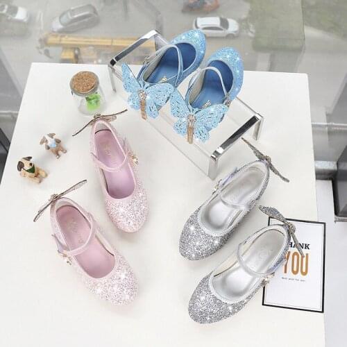 Disney childrens princess girls non-slip soft sole crystal sequins evening show bow high heel sandals