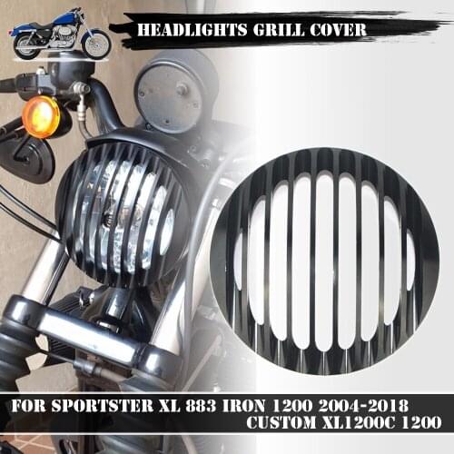 For Sportster XL 883 Iron 1200 04-2018 Custom XL1200C 1200 Black 5.75" 5 3/4" Motorcycle CNC Aluminum Led Headlights Grill Cover