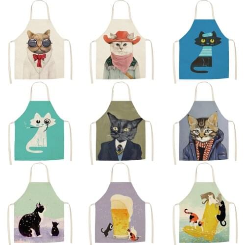 Women Kitchen Apron Cotton Linen Cute Cat Sleeveless Chef Cooking Aprons Kitchen accessories 68*55cm 0081