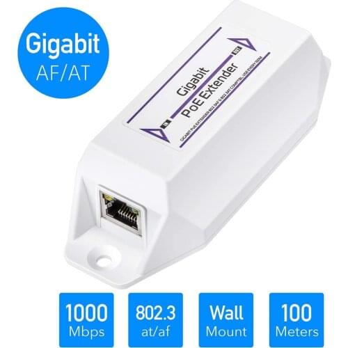 Gigabit PoE Extender 10/100/1000Mbps 1 Channel PoE Repeater PoE Amplifier PoE Booster Wall-Mount, Comply with IEEE 802.3at /af