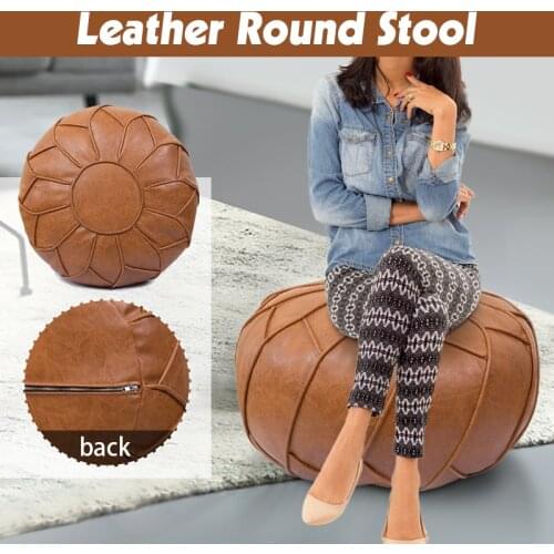 Moroccan PU Artificial Leather Pouf Cover Embroidery Footstool Round Modern Unstuffed Craft Ottoman Cushion Home Chair Covers