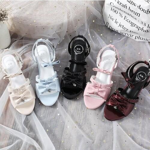 Summer princess sweet lolita shoes cute student daily bowknot leather shoes round head high heel women shoes cosplay loli