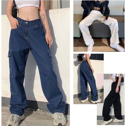 Y2K Fashion Casual High Waist Womens Jeans Harajuku Streetwear Pocket Loose Straight Pants Vintage Wide Leg Cargo Denim Pants