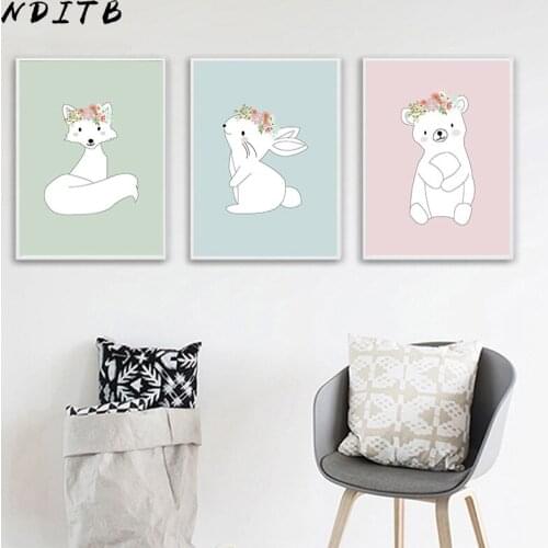 NDITB Cartoon Animal Fox Bear Canvas Poster Nursery Wall Art Print Minimalist Painting Wall Picture for Baby Bedroom Decoration