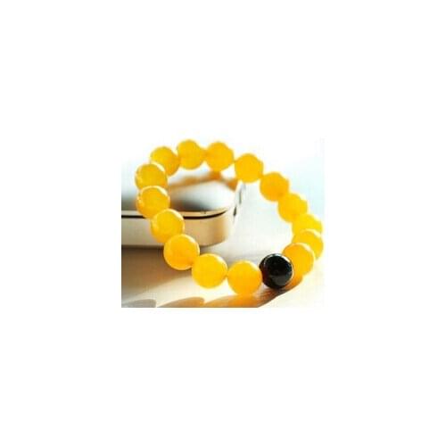 Handmade Natural 12mm Yellow & Black Round Gems Beads Bangle Bracelet