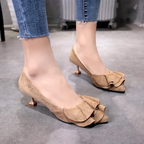 New Fashion Ruffle Women Pumps Female Kitten Heel Sweet Slip On Pointed Toe Shoes Thin High Heels Ladies Casual Autumn Shoes