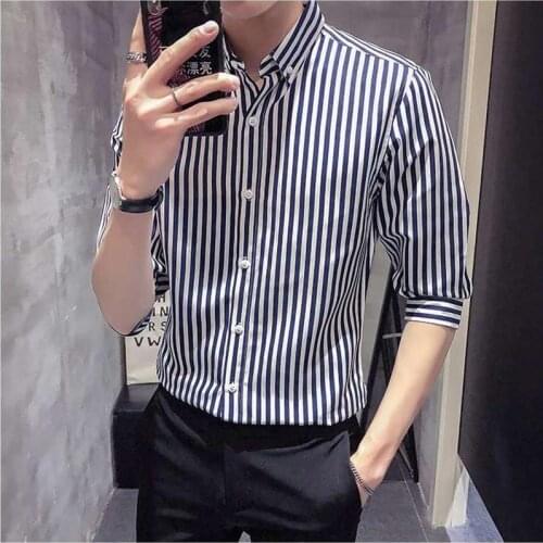New Mens Three-Quarter Sleeve Striped Shirt Fashion Casual Shirts Korean Clothes Men Clothing
