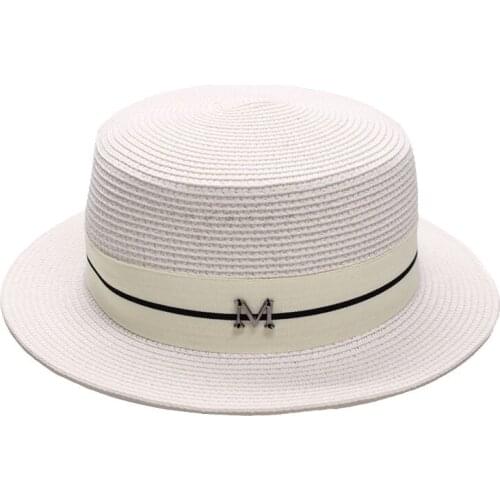 New Simple Flat Top White Hat Elegant Fashion Ribbon M Standard Straw Hat Inverness Vacation Sunscreen Sunshade