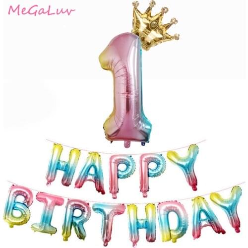 1st Birthday Ballons Gradient Color Happy Birthday Foil Balloons First Birthday Party Ballons Rainbow Gradient Number Balloon