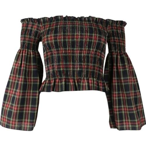 Autumn slash neck long-sleeved slim pleated slimshort wood ear shirt women
