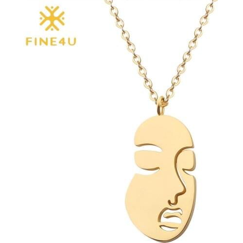 FINE4U N311 Abstract Human Face Pendant Necklace Stainless Steel Chain Necklace Women Facial Jewelry