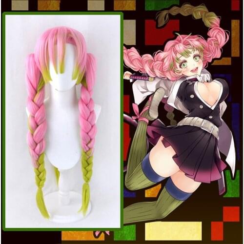 Anime comic Demon Slayer Kimetsu no Yaiba Cosplay Wigs Kanroji Mitsuri Cosplay Wig Heat Resistant Synthetic Hairs Pink pigtails