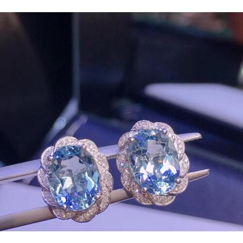 H617 Fine Jewelry Pure 18K White Gold Natural Aquamarine Gemstone 5.2ct Diamonds Females Earrings for Women FIne Earrings