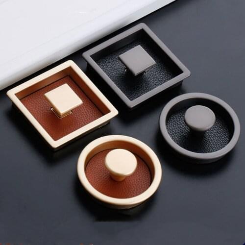 Modern Hidden Cabinet Door Handles Leather + Zinc Alloy Insert Embedded Handle Drawer Pulls and Knobs Furniture Handle Hardware