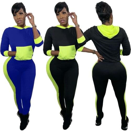 RStylish Long Sleeve Hooded Workout Sweatshirt Bodycon Pants Loungewear Casual Women Color Block Two Piece Set