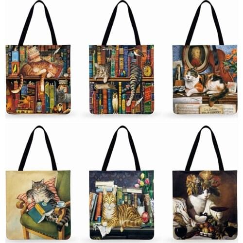 Retro Oil Painting Print Women Tote Bag Lovely Cat Linen Reusable Shopping Bags Shoulder Bags For Ladies Handbags