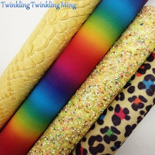 YELLOW Glitter Fabric, Rainbow Glitter Leather, Leopard Printed Faux Fabric Sheets For Bow A4 21x29CM Twinkling Ming XM005C