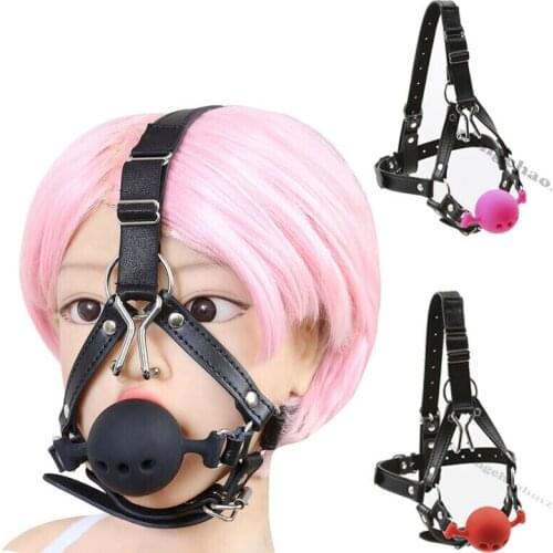 Head Harness with Nose Hook Ball Gag Restraint Silicone Open Mouth Gag Fetish Erotic Sex Toys Adult Games Products BDSM