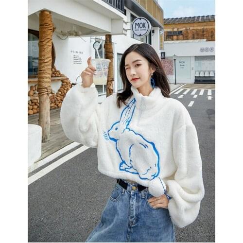 Women Winter Kawaii Sweatshirt Female Autumn Loose Clothes Girl Embroidery Rabbit Print Long Sleeve Plush Tops Casual Casual
