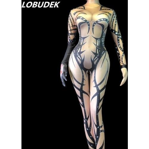 Sexy Printing Stretch Spandex Jumpsuit Bar Nightclub Female DJ Dancer Pole Dancing Costume Acrobatics Performance Stage Outfit