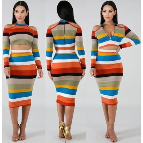 Two Piece Set Women Casual Striped Print Cold Shoulder Sets Sexy Zipper Crop Top + Midi Skirt Bodycon Club Suit Female overalls