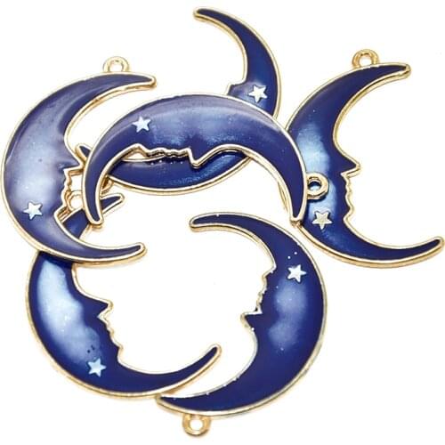 10pcs/lot Blue Enamel Metal Moon Star KC Gold Color Charms Girls Women DIY Necklace Pendant Jewelry Accessory Findings