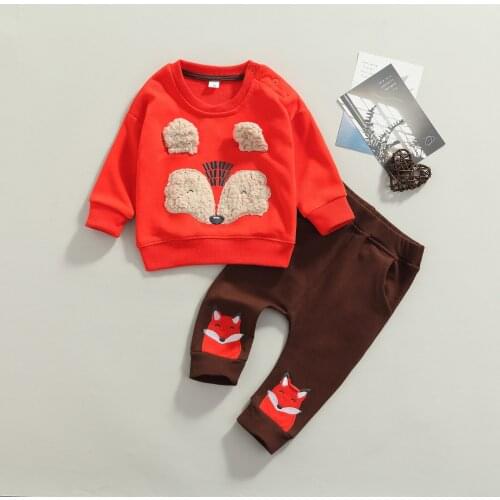Spring Autumn Baby Toddler 2PCS Set Long Sleeve Cartoon Fox Sports Leisure Style Sweatshirt Elastic Waist Trousers Outfits