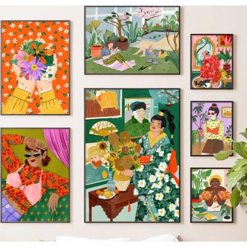 Abstract Girl Flower Plant Retro Poster Wall Art Canvas Painting Nordic Posters And Prints Wall Pictures For Living Room Decor