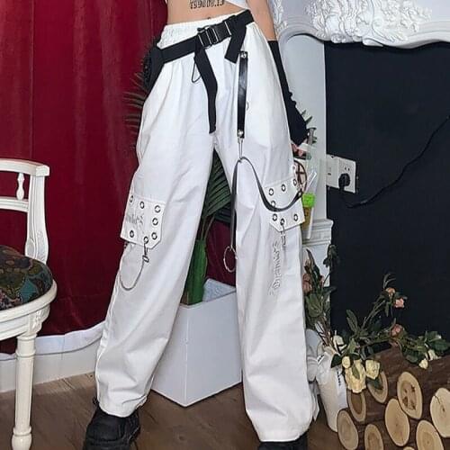 Harajuku Punk Black Cargo Pants Women Gothic Chain White Wide Leg Trousers Female Hippie Street Style Emo Mall Goth